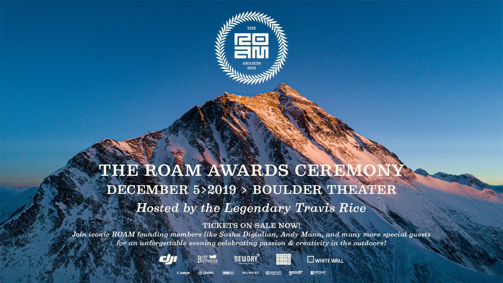 The Roam Awards Ceremony flyer: December 5, 2019, Boulder Theater, hosted by Travis Rice