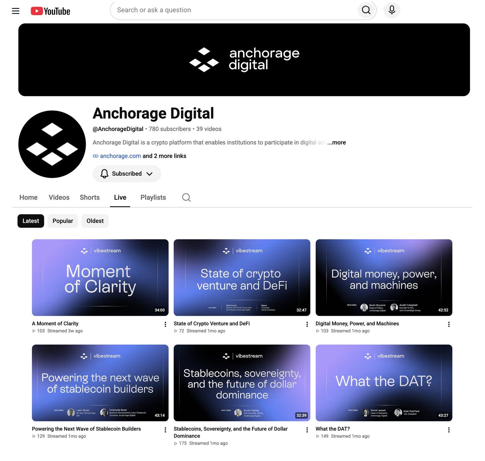 Anchorage Digital's YouTube channel showing Vibestream episodes: A Moment of Clarity, State of Crypto Venture and DeFi, Digital Money, Power, and Machines, Powering the Next Wave of Stablecoin Builders, Stablecoins, Sovereignty, and the Future of Dollar Dominance, and What the DAT?