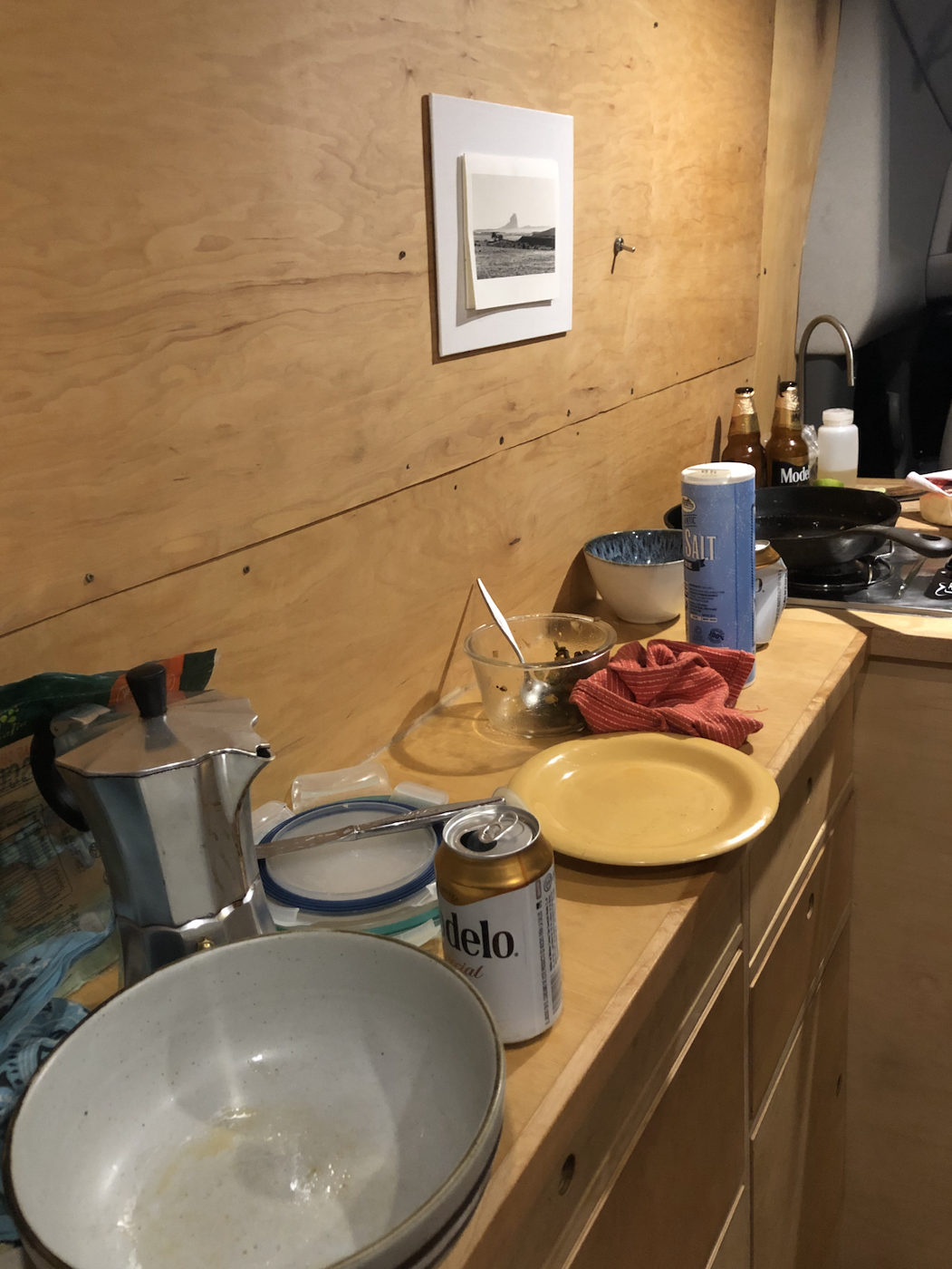Cluttered countertop in our van